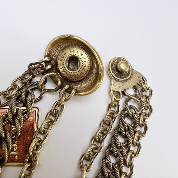 Vintage MONET Signed Blue Stone Antiqued Goldtone Triple Chain Link Bracelet - Picture 4 of 4